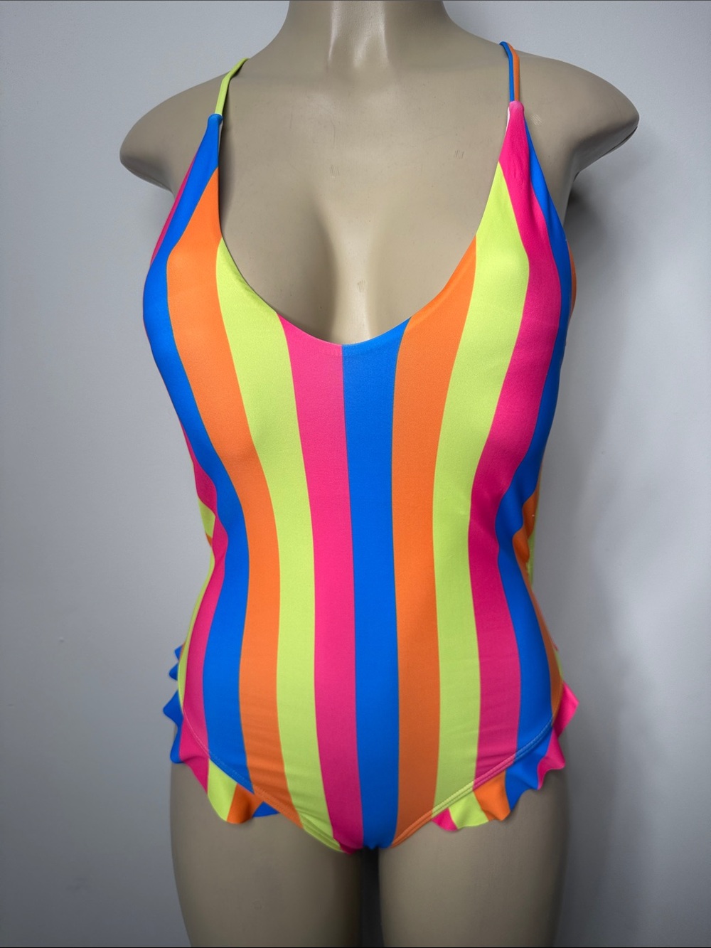 SHEIN Neon Vertical Stripe One-Piece Swimsuit — Pink, Orange, Blue, Yellow